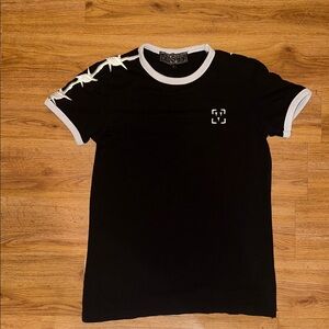 Black T-Shirt with White Trim and Unique Shoulder Design